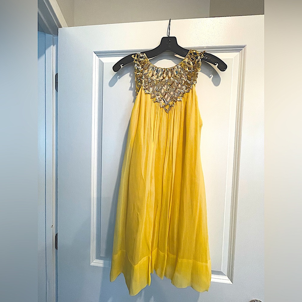 BCBG Max Azria line  yellow and sequin baby doll cocktail dress